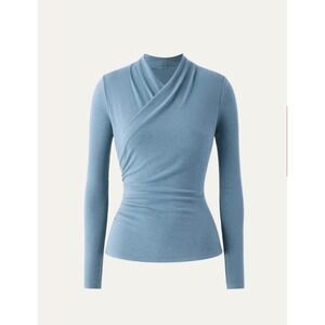 NEW OGL Eco-Mousse Crossover Ruched Long Sleeve Top Dusk Blue Knit Size XL